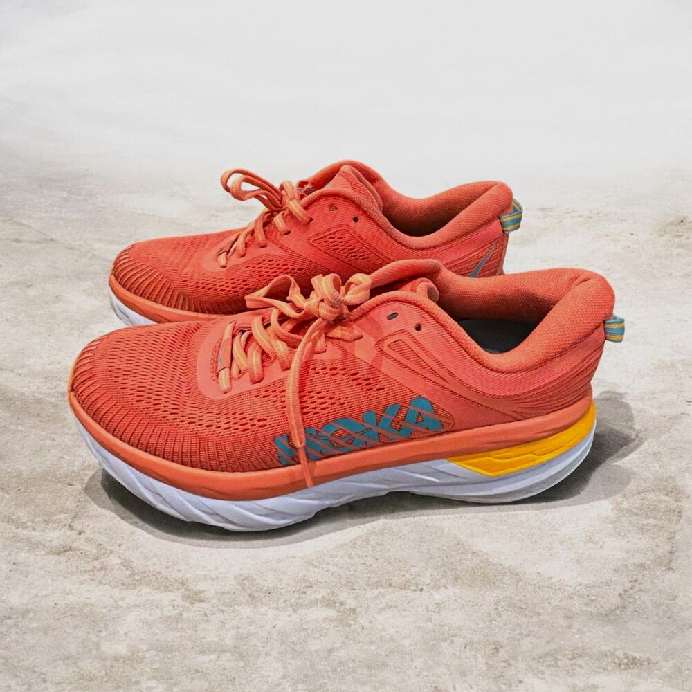 HOKA Women’s Lace Up Mesh Running Sneakers Orange/White/Yellow/Blue Size 8